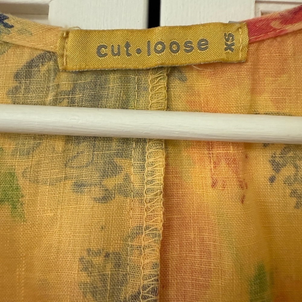 Cut Loose 100% Linen Mustard Yellow Floral Hi-Low Hem Flowy Tank XS Cottagecore - Picture 3 of 8